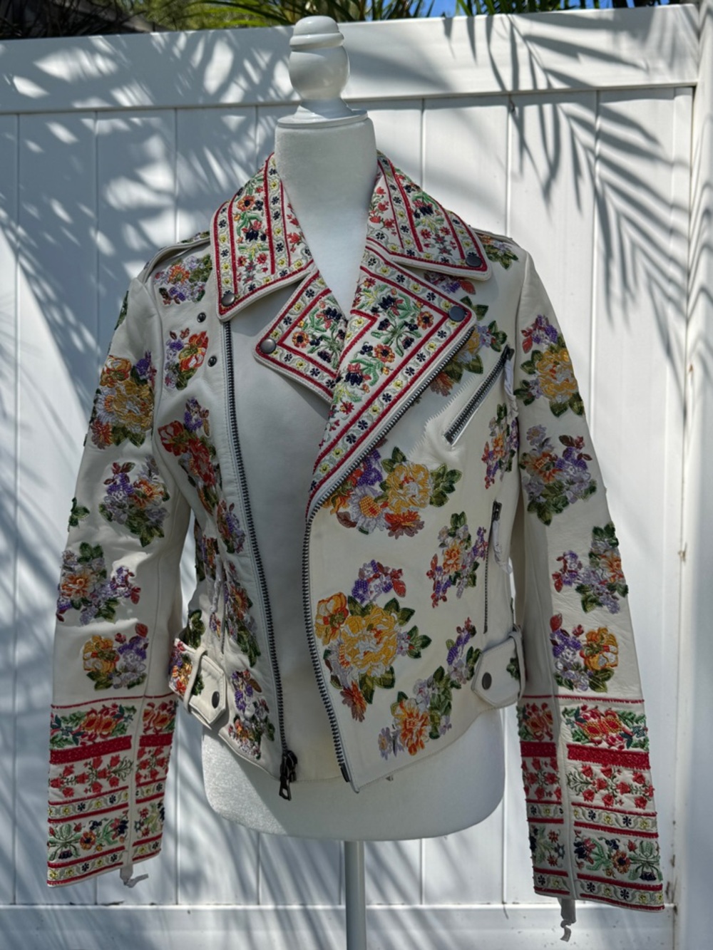 Alice + Olivia Cream Floral Embroidered Leather Biker Jacket